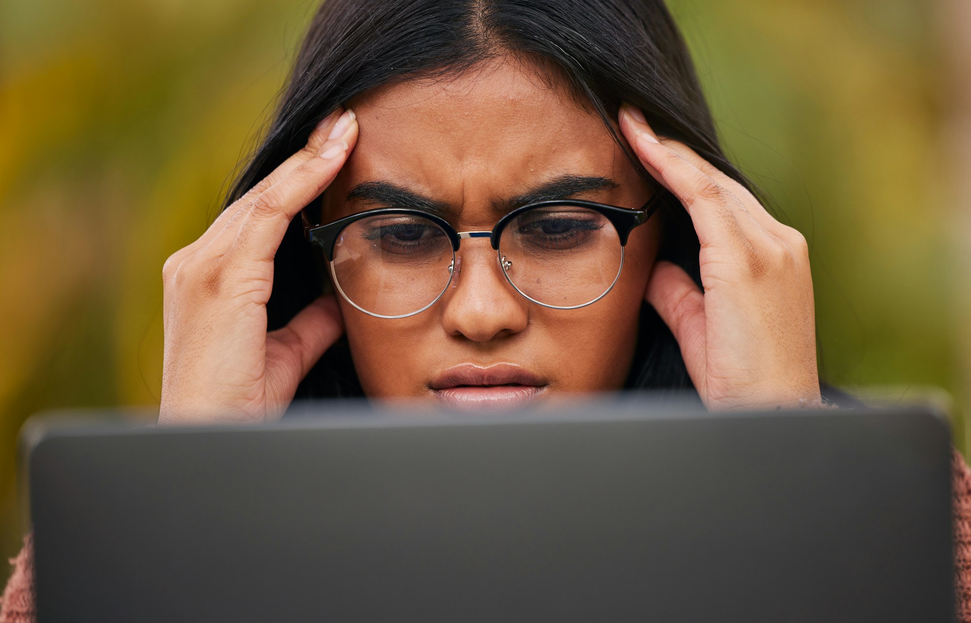 Work, stress and burnout, woman in glasses at computer reading spam email, glitch or 404 error. Gir