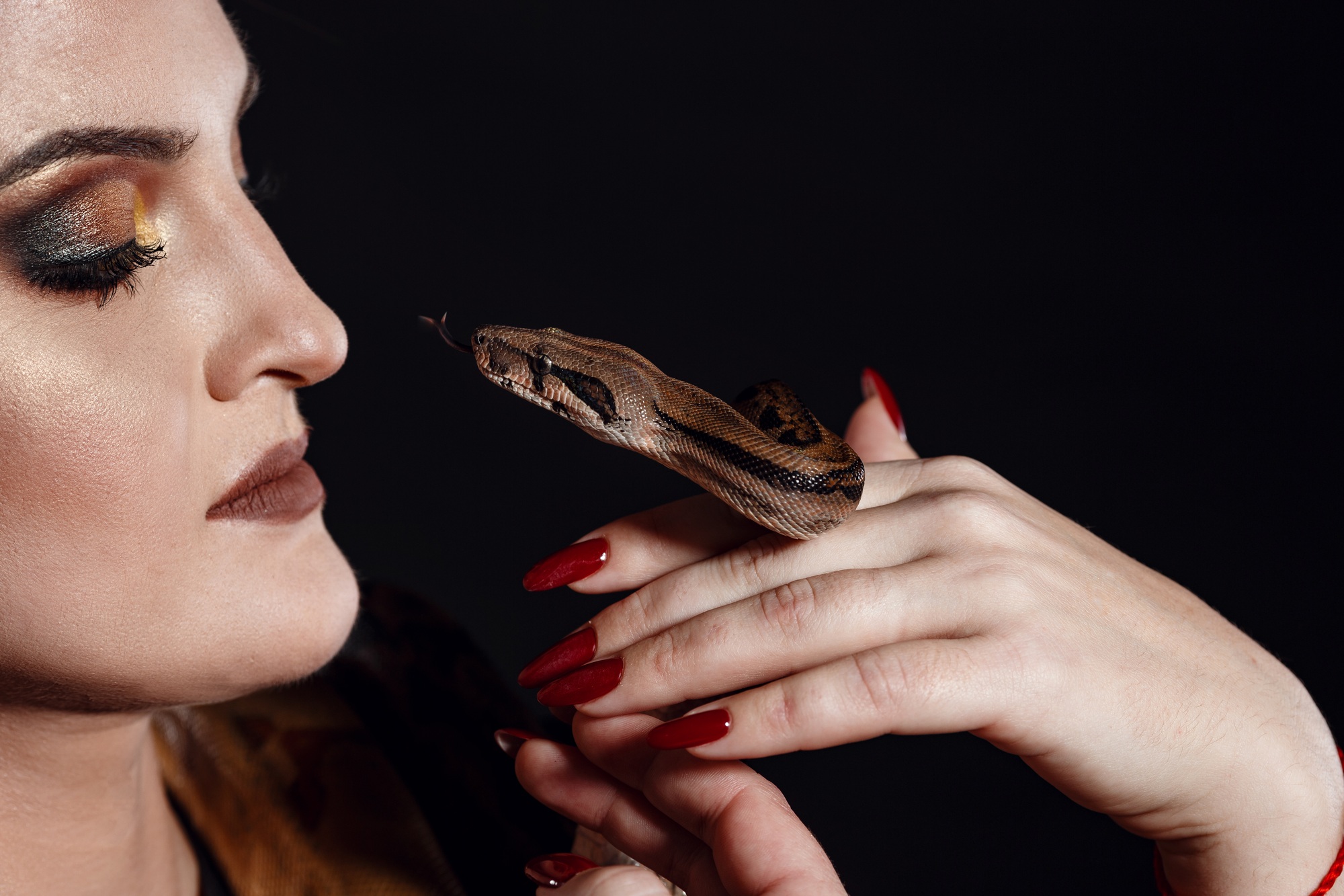 Close up portrait of sexy woman with snake in latex outfit